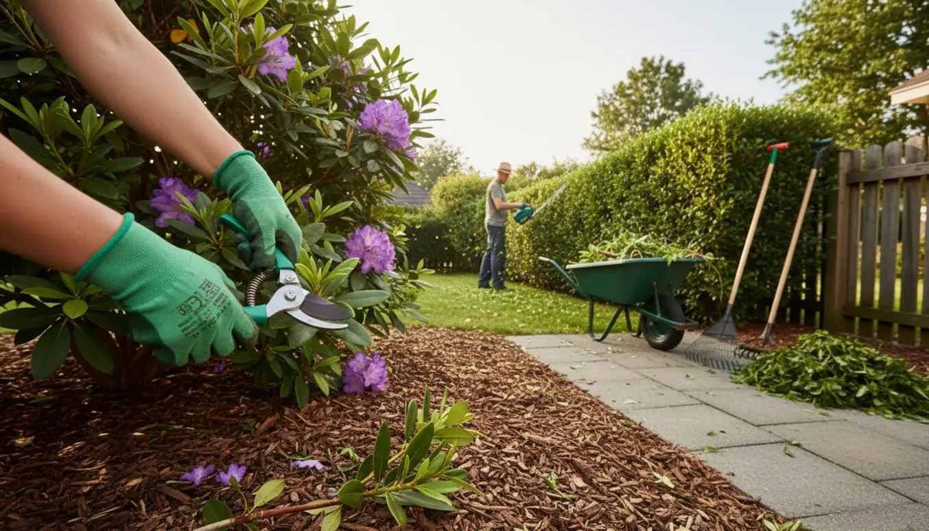 Havearbejde med hækkeklipning, beskæring af rhododendron og fjernelse af ukrudt i en solrig baghave.