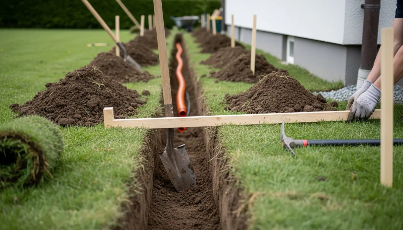 En 20 meter lang rende gravet langs husmuren med jord lagt ved siden af, klar til kabelinstallation.