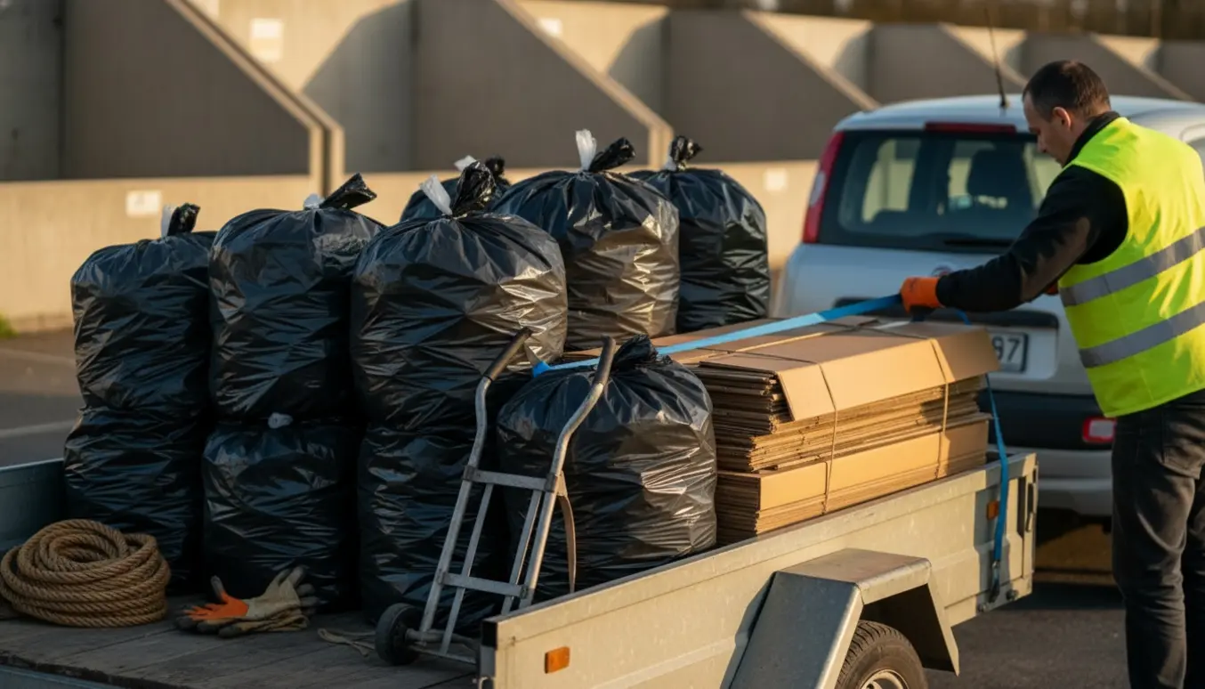 Trailer lastet med otte store affaldsposer og sammenbundne papkasser klar til aflevering på genbrugsplads.
