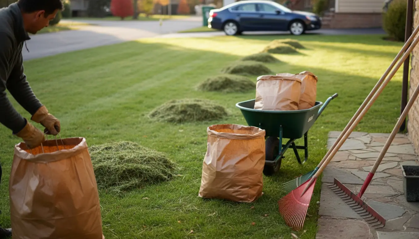 Hænder binder en fyldt havepose med sammenrevet græs i en efterårshave, med rive på terrassen og sække klar til afhentning.