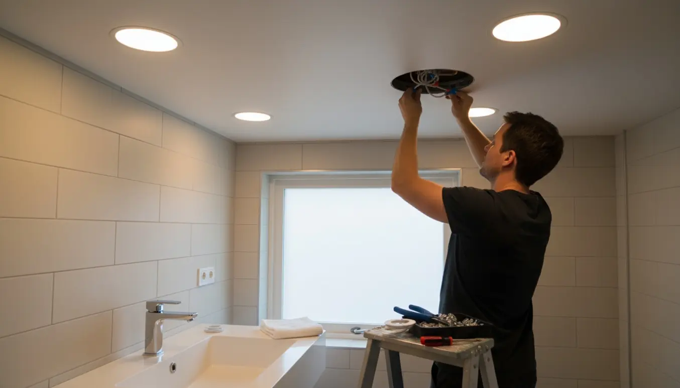 En montør fra bagsiden monterer fire indbyggede LED-spot i et lyst, moderne badeværelse.
