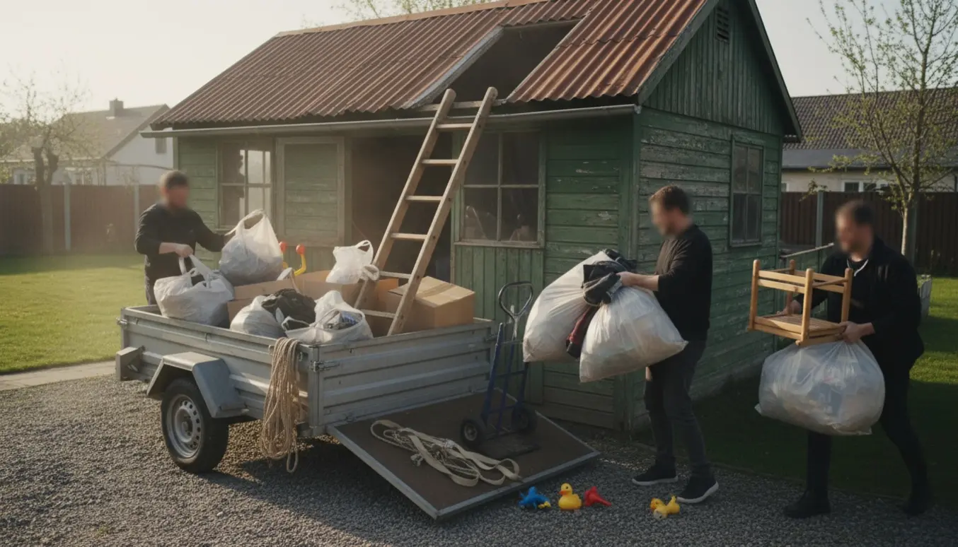Åbent skur med en smal stige til loftet, poser med tøj og legetøj læsses på en trailer.