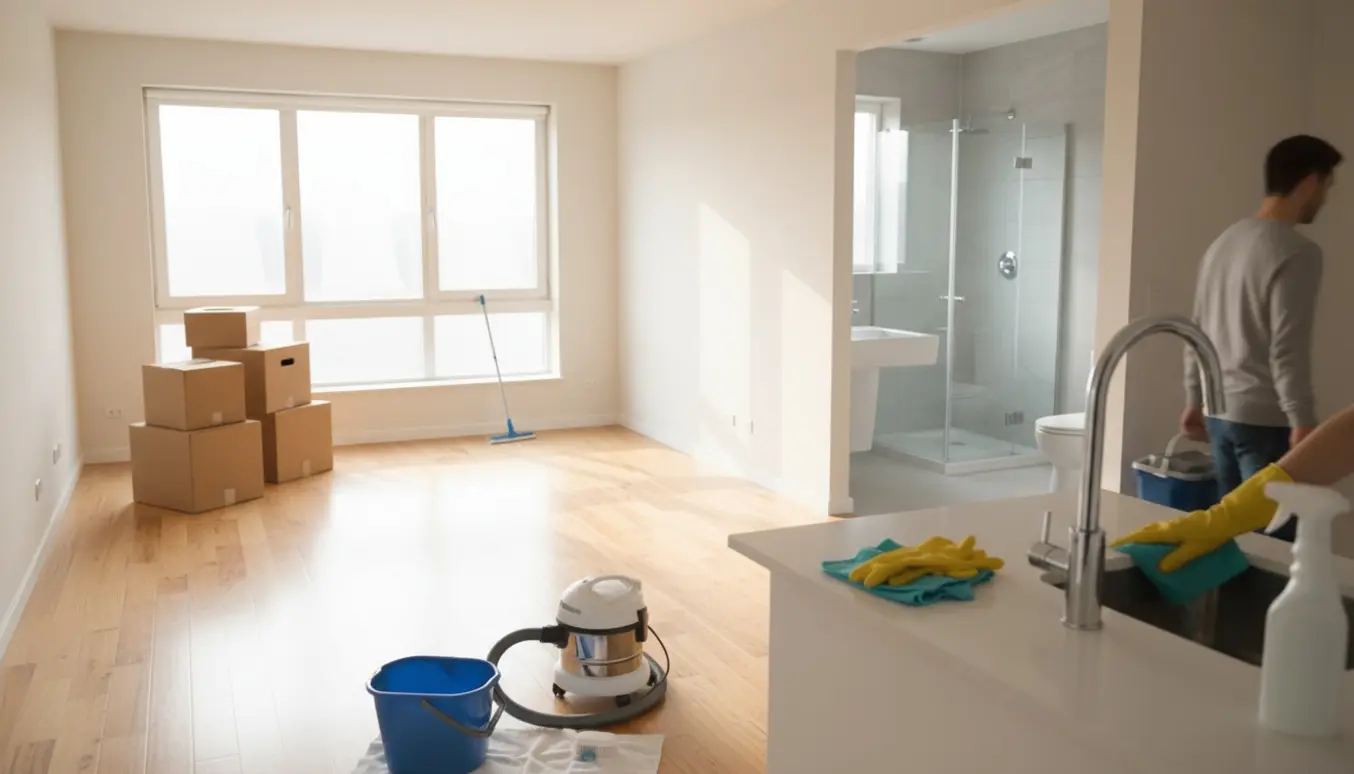 Nyistandsat lejlighed med rengøringsudstyr og et skinnende badeværelse.