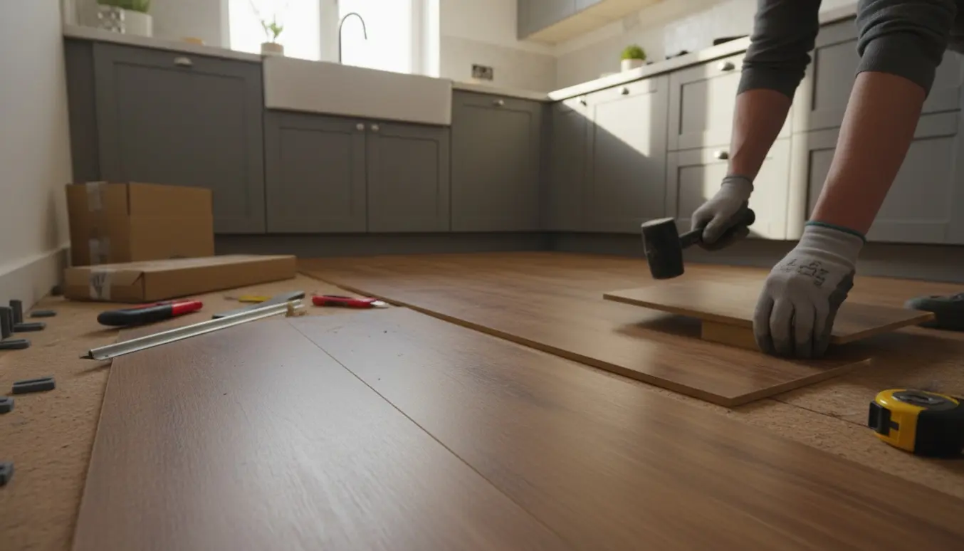 Nærbillede af vinyl-klikgulve, der lægges ovenpå et gammelt korkgulv i et lyst køkken.