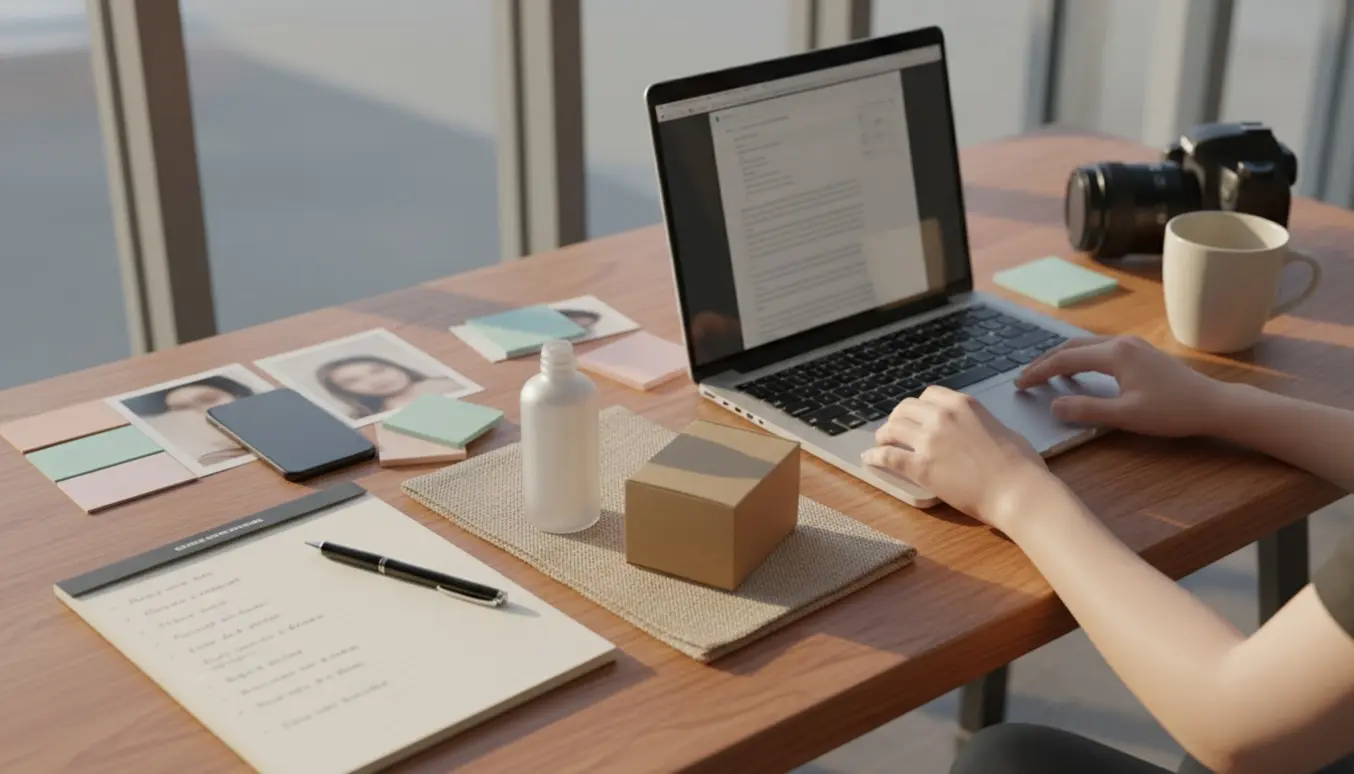 Arbejdsskrivebord med bærbar computer, notesbog og ulabellede produktprøver i blødt dagslys.