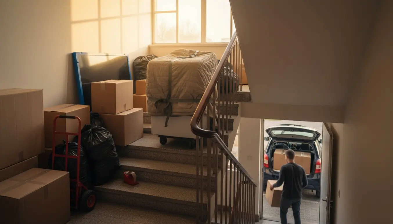 To personer bærer flyttekasser ned ad en trappe i eftermiddagssol, klar til at blive læsset i en lille bil.