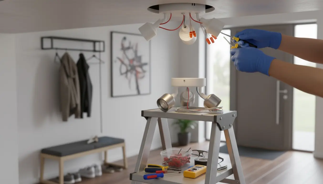 Elektriker forbinder ledninger til en 3‑spots loftslampe i en entre med værktøj og stige i forgrunden.