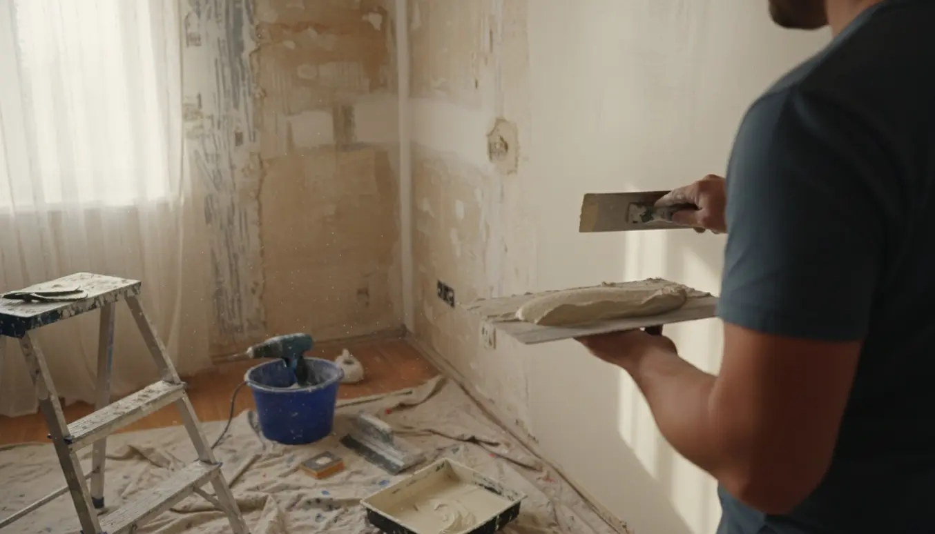 Et lille værelse, hvor en håndværker spartler en ujævn væg med murske, spand og afdækning i blødt naturligt lys.
