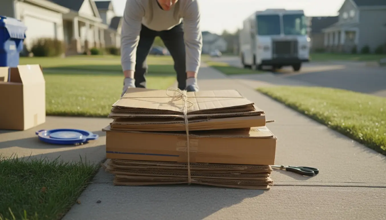 Stak fladpakkede papkasser bundet med snor ved fortovet klar til ugentlig afhentning.