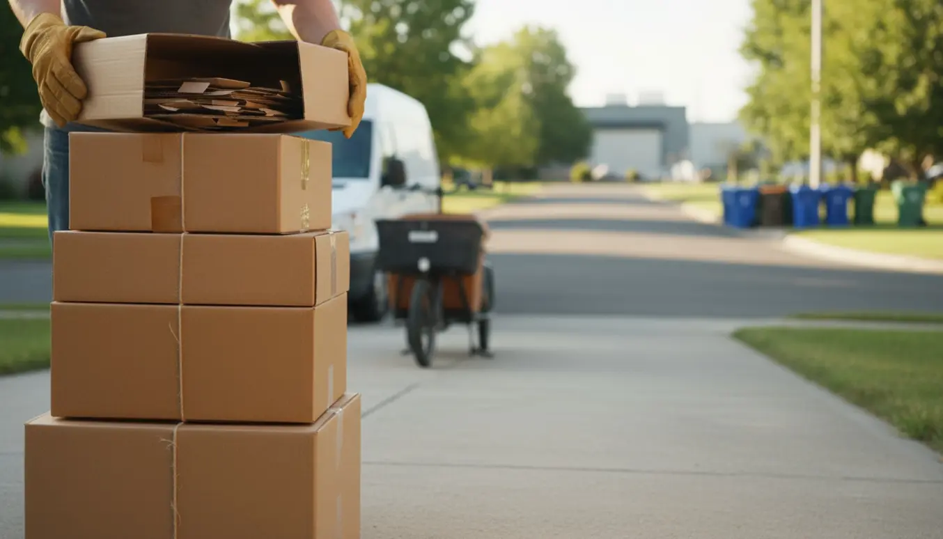 Fem papkasser stablet ved indkørslen klar til genbrugsafhentning med en varevogn og genbrugscontainere i baggrunden.