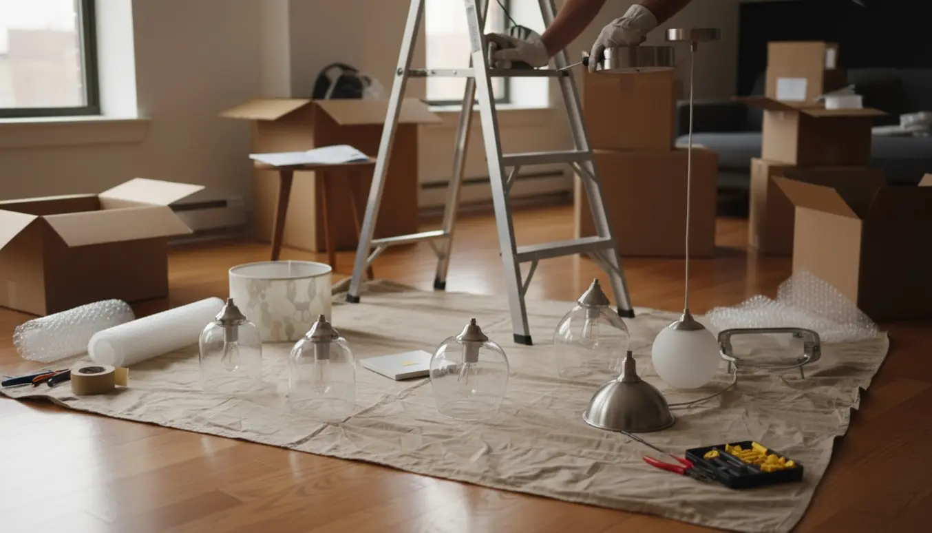 Hænder i handsker tager en loftlampe ned i en lejlighed med stige, værktøj og syv lamper samlet til flytning.