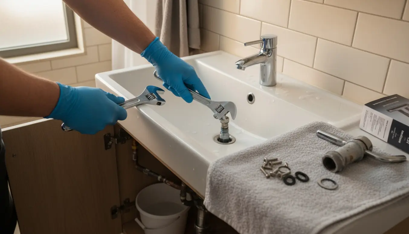 Hænder skifter en krom vandhane i et lille, trangt badeværelse med værktøj og spand under vasken.