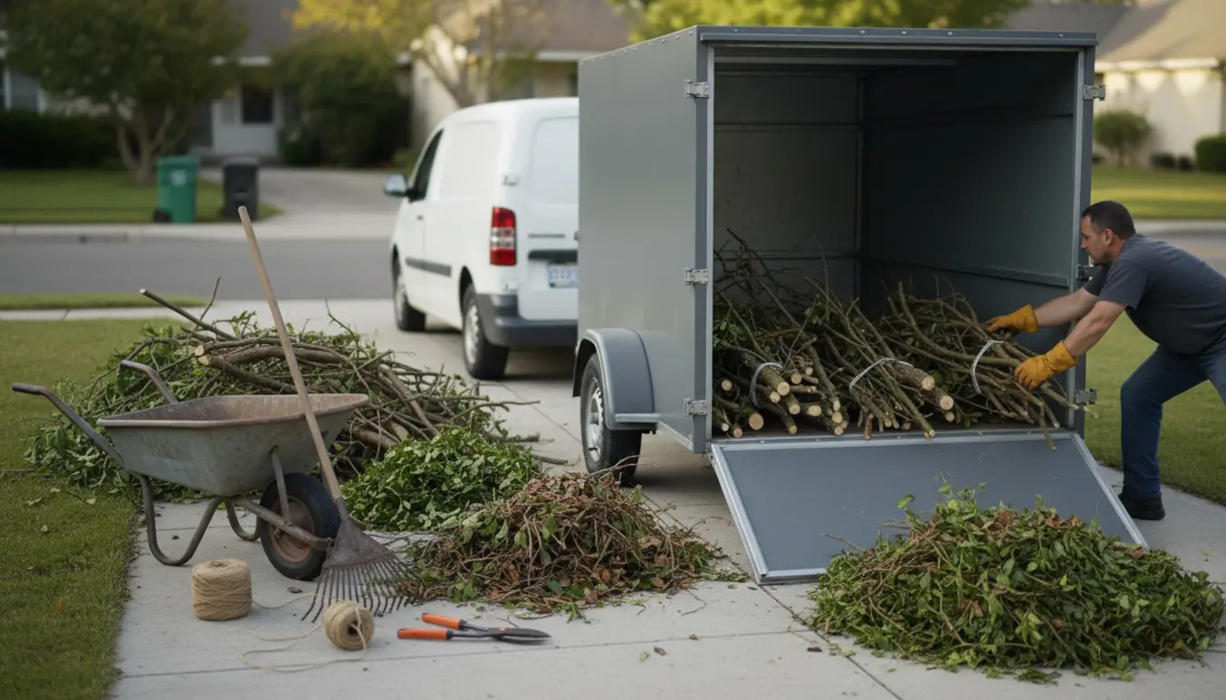 Lukket trailer parkeret lige ved bunker af grenaffald på en indkørsel, klar til bortkørsel.