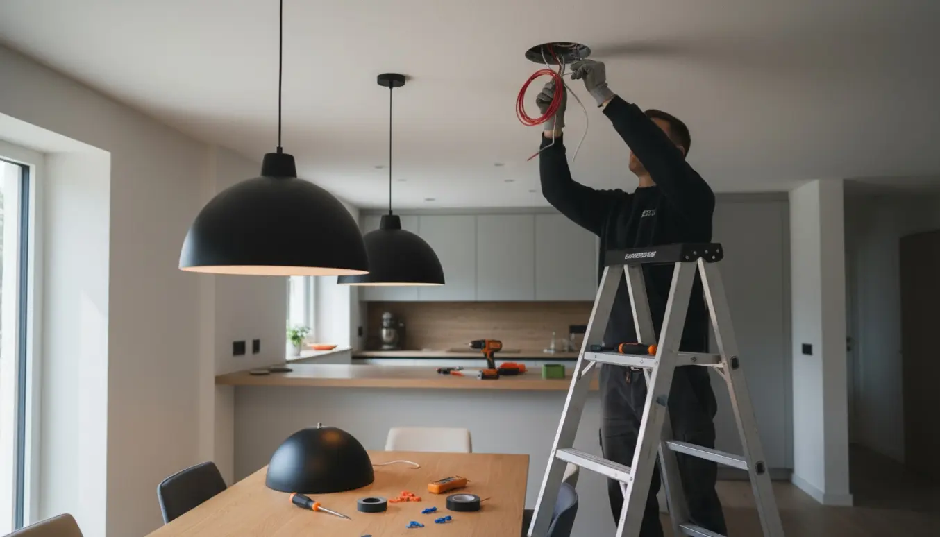 Hænder monterer to pendellamper i loftet over et køkkenbord med stige og værktøj.