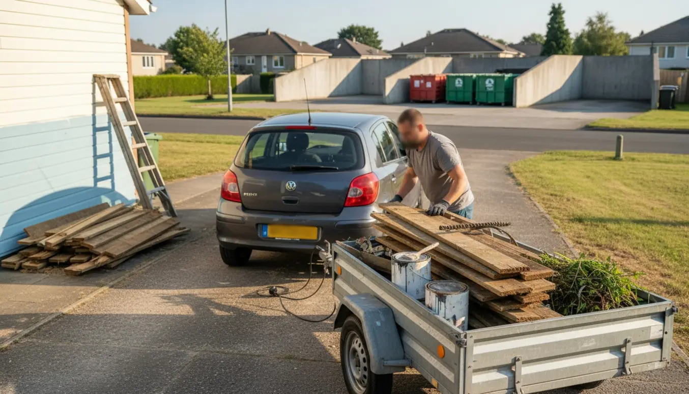 Trailer lastes ved indkørsel med maling, planker og haveaffald klar til tur til genbrugsstationen.