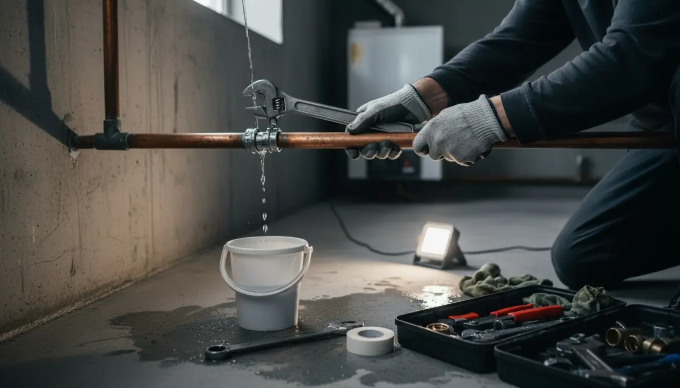 VVS-mand med handsker spænder en reparationskobling på et utæt kobberrør i en kælder, mens vand drypper i en spand.