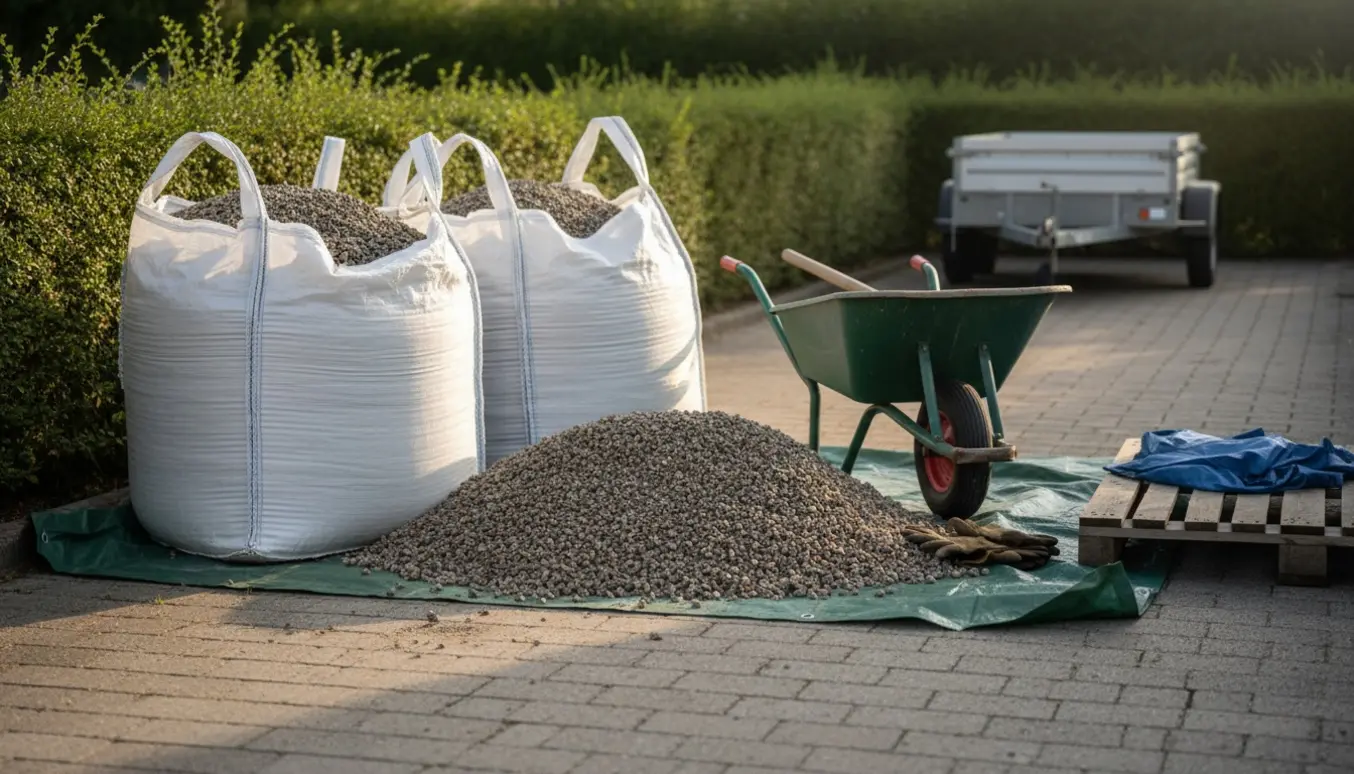 To bigbags med stabilgrus ved enden af en kort indkørsel med trillebør og skovl klar til bortskaffelse.