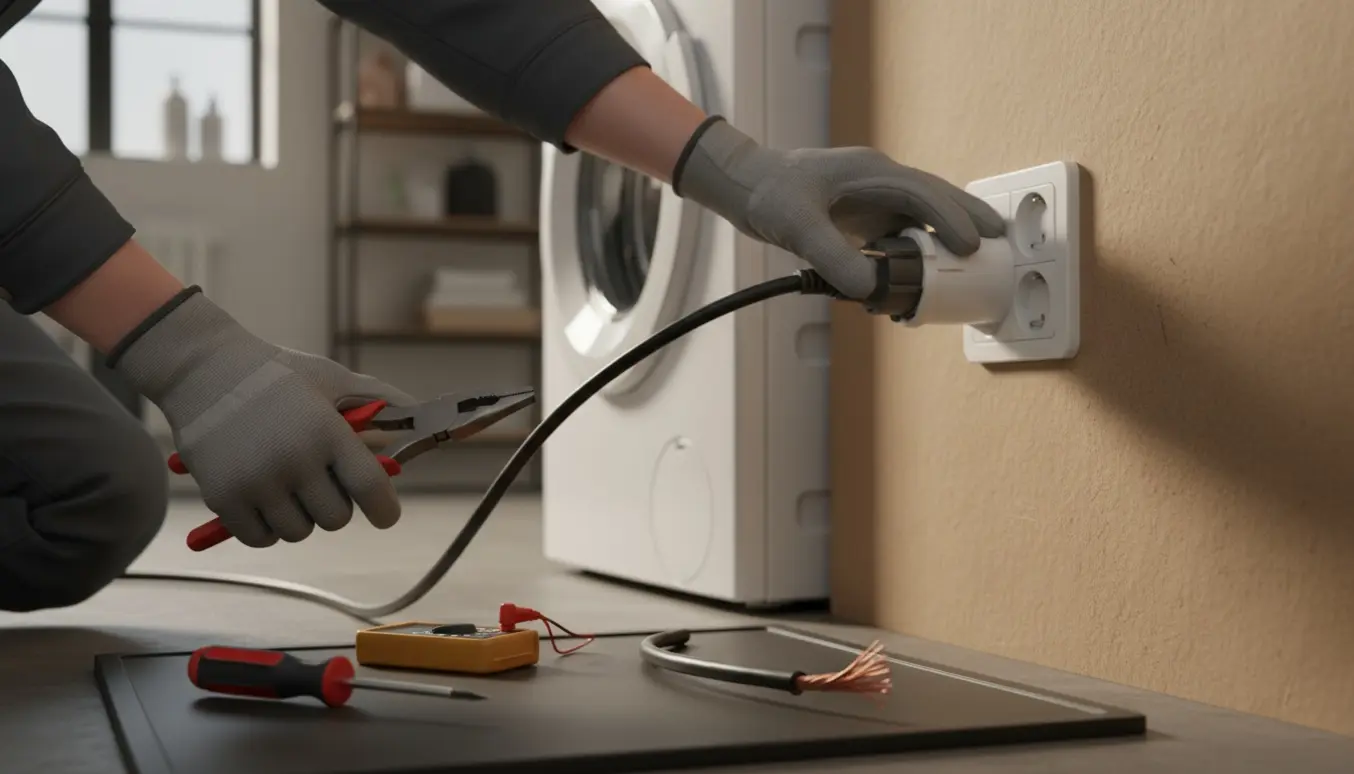 Hænder tilslutter en vaskemaskines 220-stik til et kraftstik med isolerede værktøjer i et lyst bryggers.