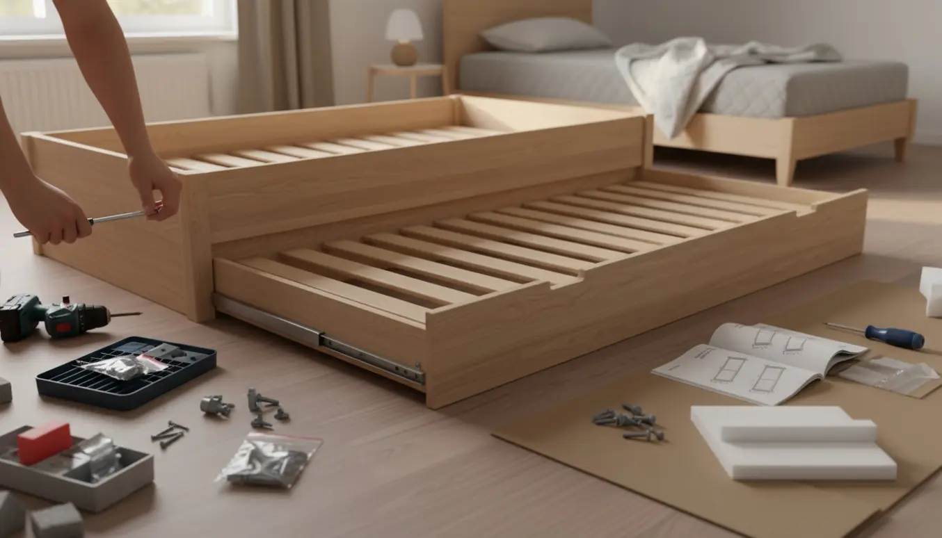 To delvist sammensatte udtrækssenge i et lyst soveværelse med værktøj og manual.