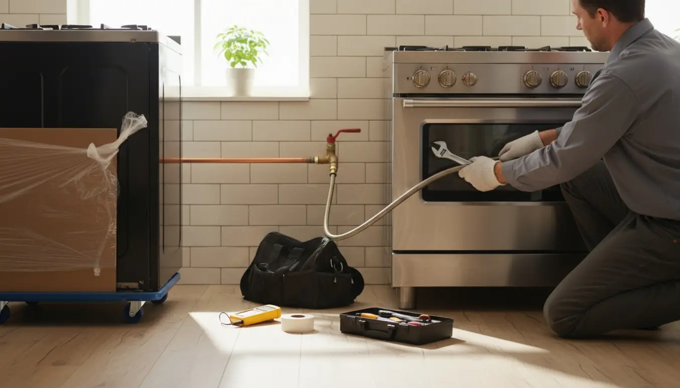 Hænder tilslutter nyt gaskomfur i et lyst, moderne køkken med det gamle komfur sat til side klar til bortskaffelse.