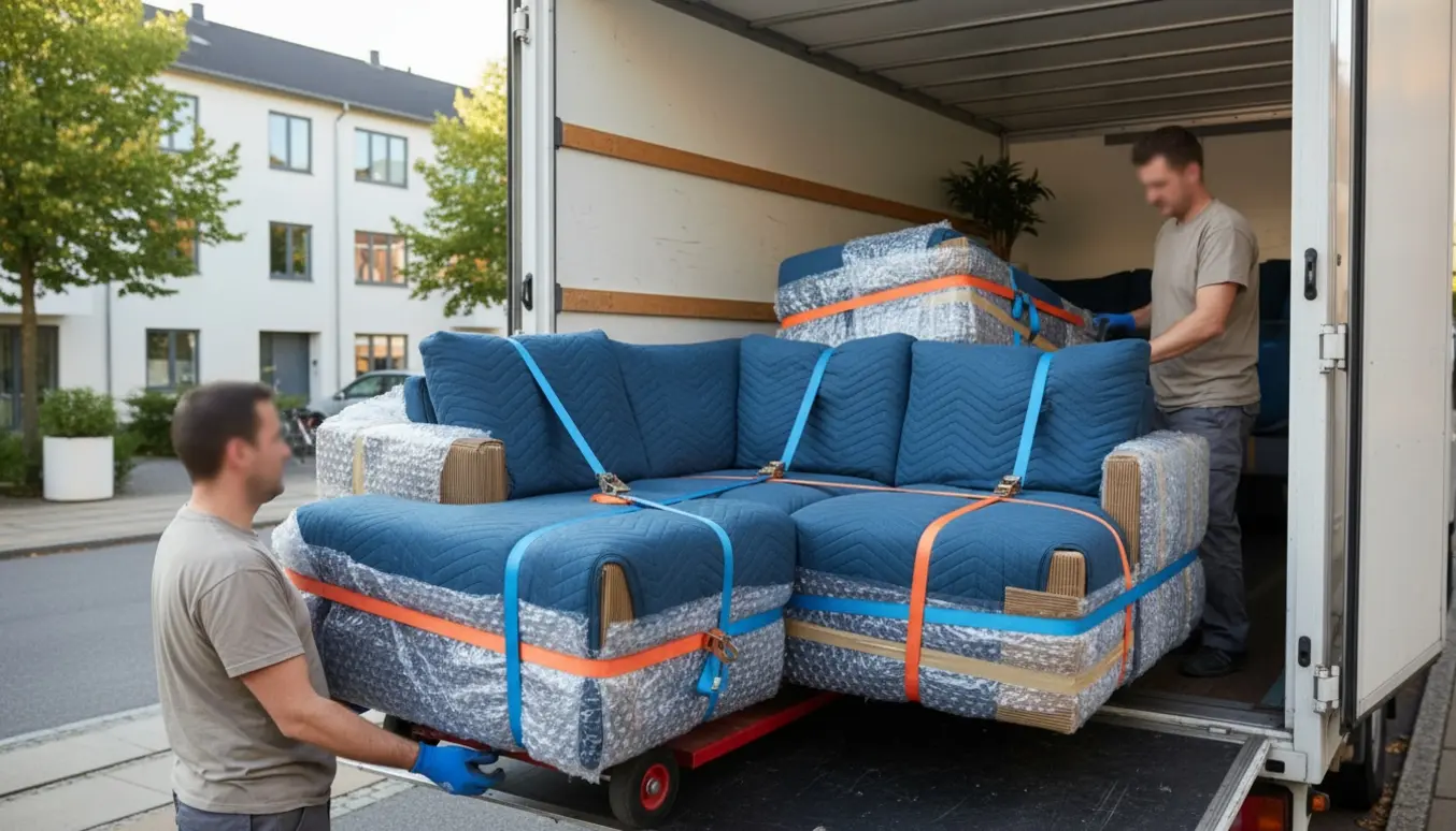 Indpakkede sofaens fem dele læsses i en flyttebil i et dansk forstadsmiljø.