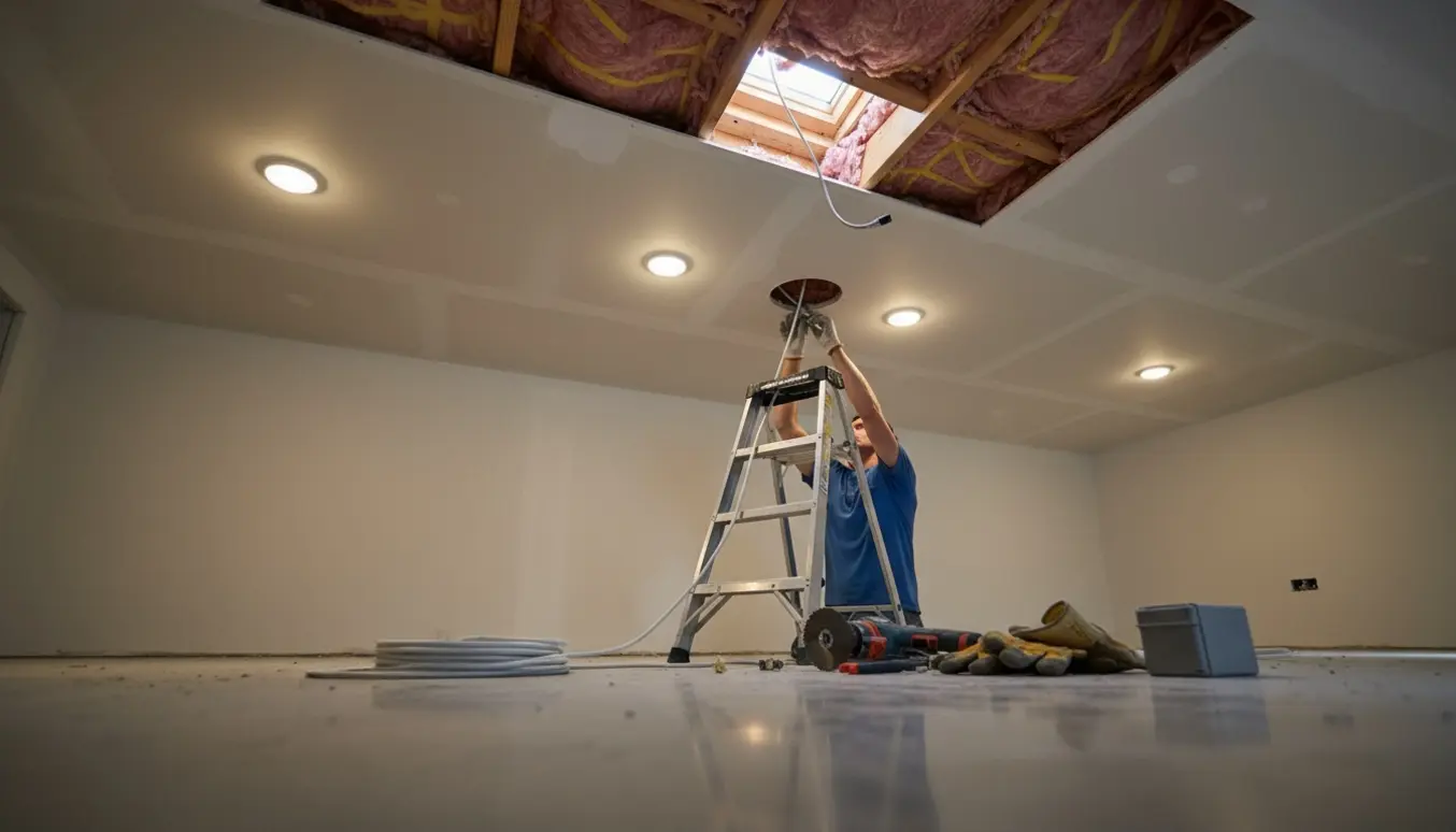 Hænder fører el-kabel op gennem et gipsloft ved en åbent loftshatch under installation af indbygningsspotlights.