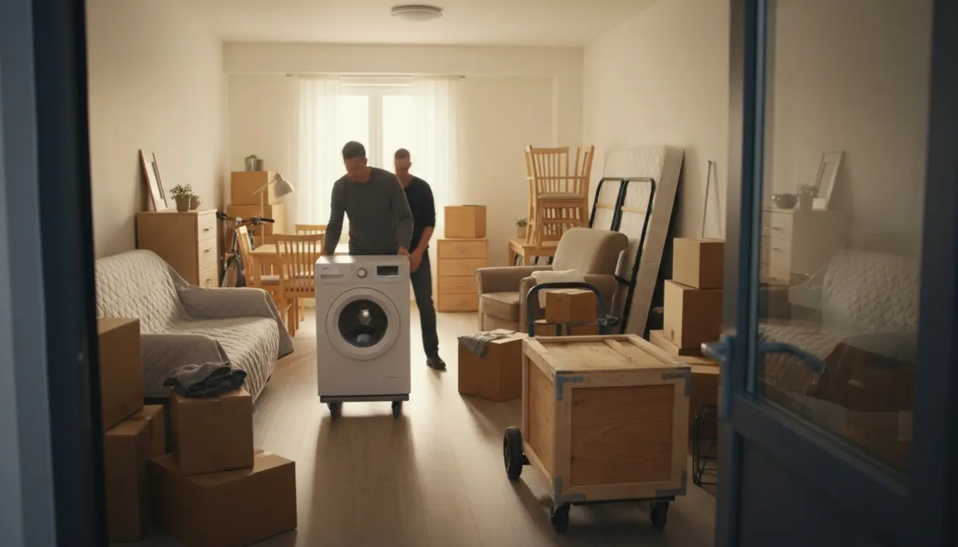 Flyttefolk bærer møbler og stabler flyttekasser ved en lejlighedsindgang med flyttevogn tæt parkeret.