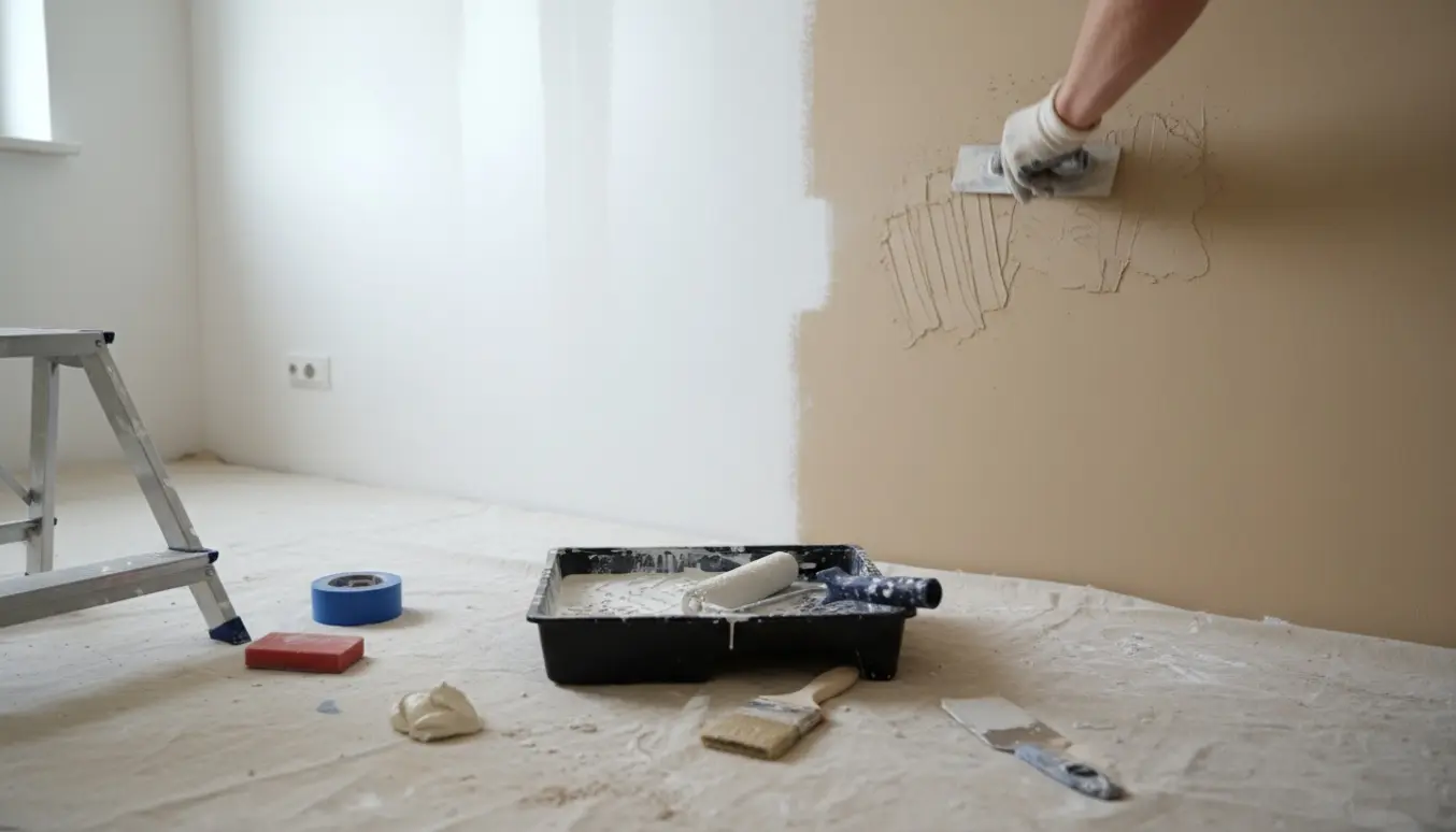 Hænder reparerer huller og maler et rum med to hvide vægge og en beige væg i blødt dagslys.