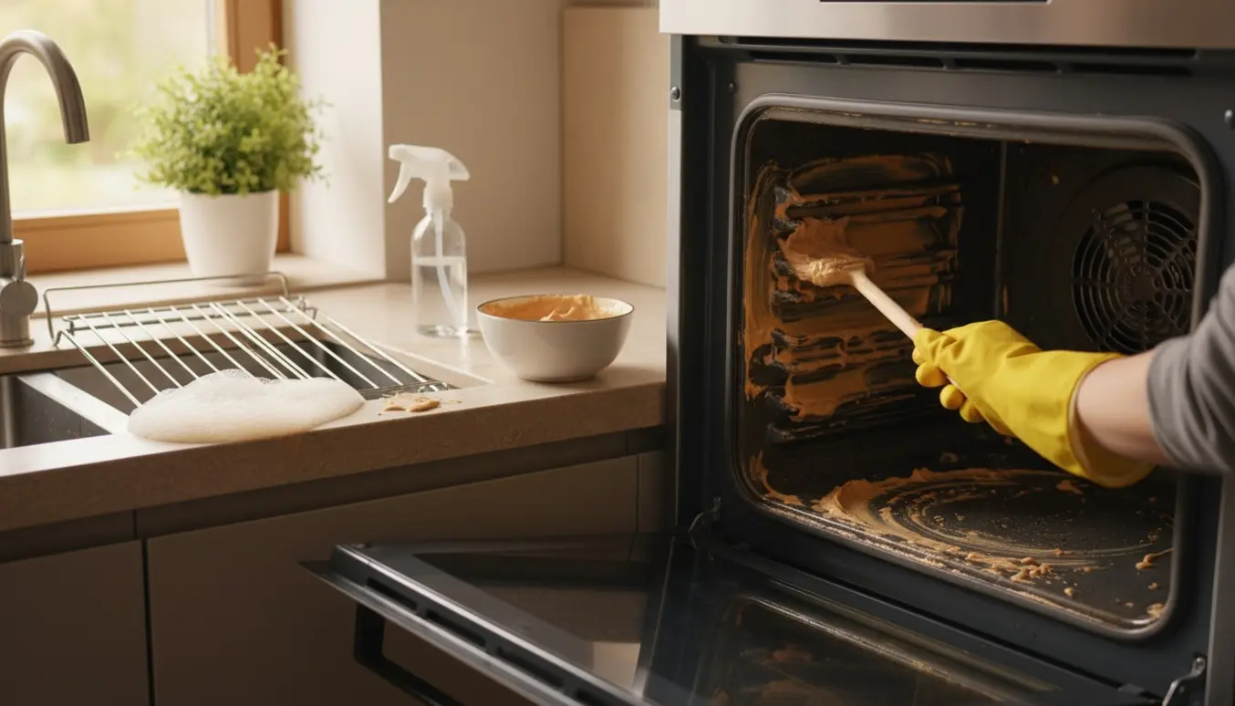 Åben varmluftsovn under forberedende rengøring med brun sæbe påført, ovnriste lagt til side.