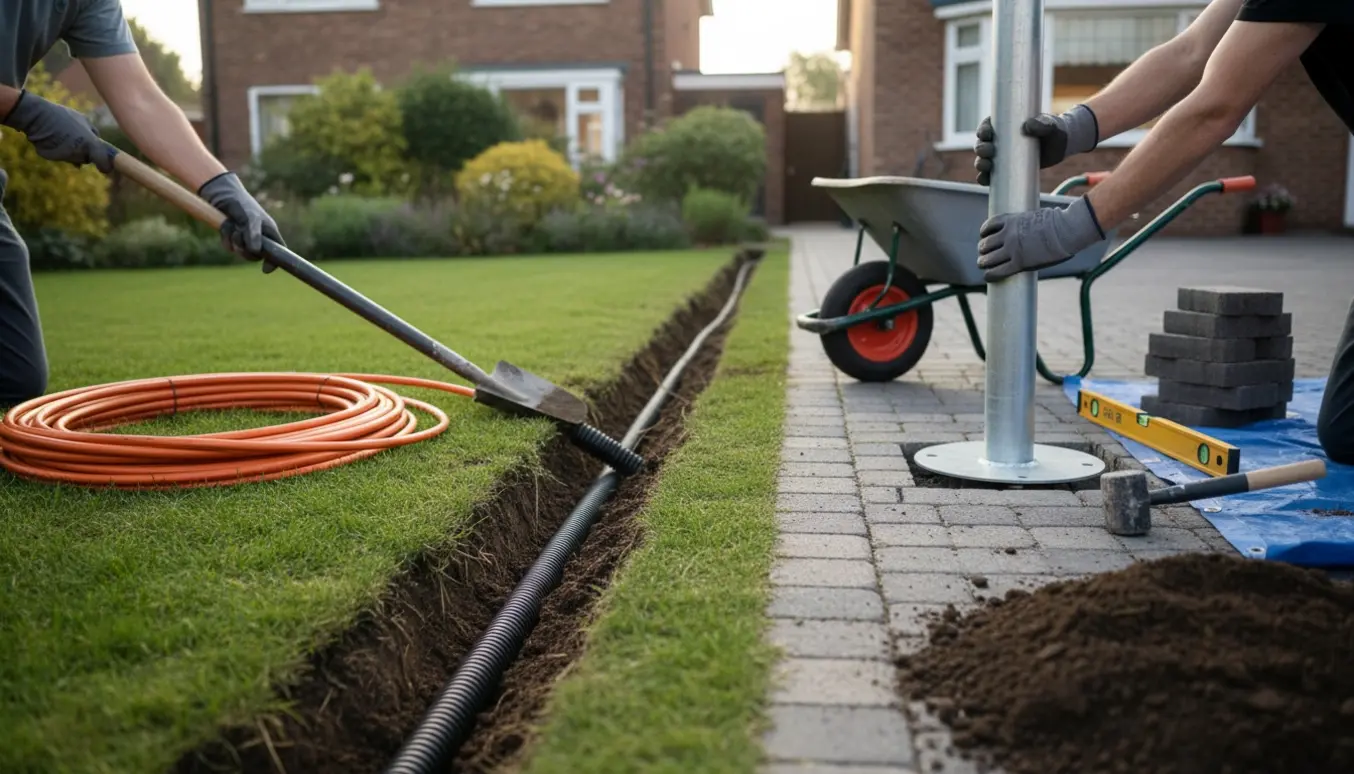 Åben rende gennem græs og fliser med kabel i rør og en stolpe klar til opsætning.