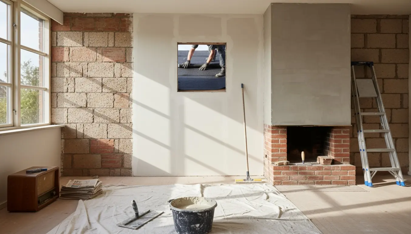 Tom renoveret stue med delvist pudsede vægge, værktøj, skorsten med våd puds og tagpapruller synlige gennem en åben dør.