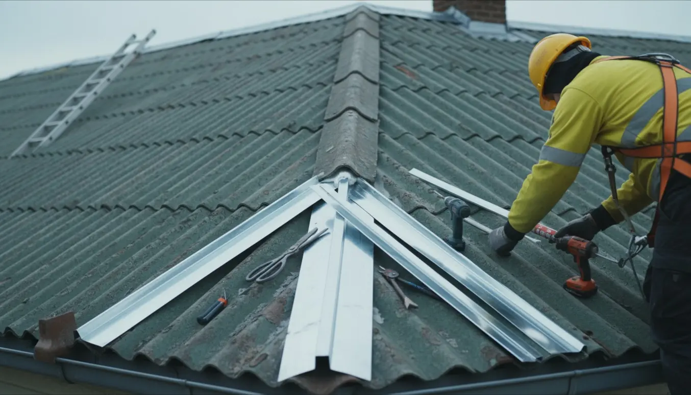 Udskiftning af galvaniseret inddækning på et gammelt eternittag med værktøj og sikkerhedsudstyr.