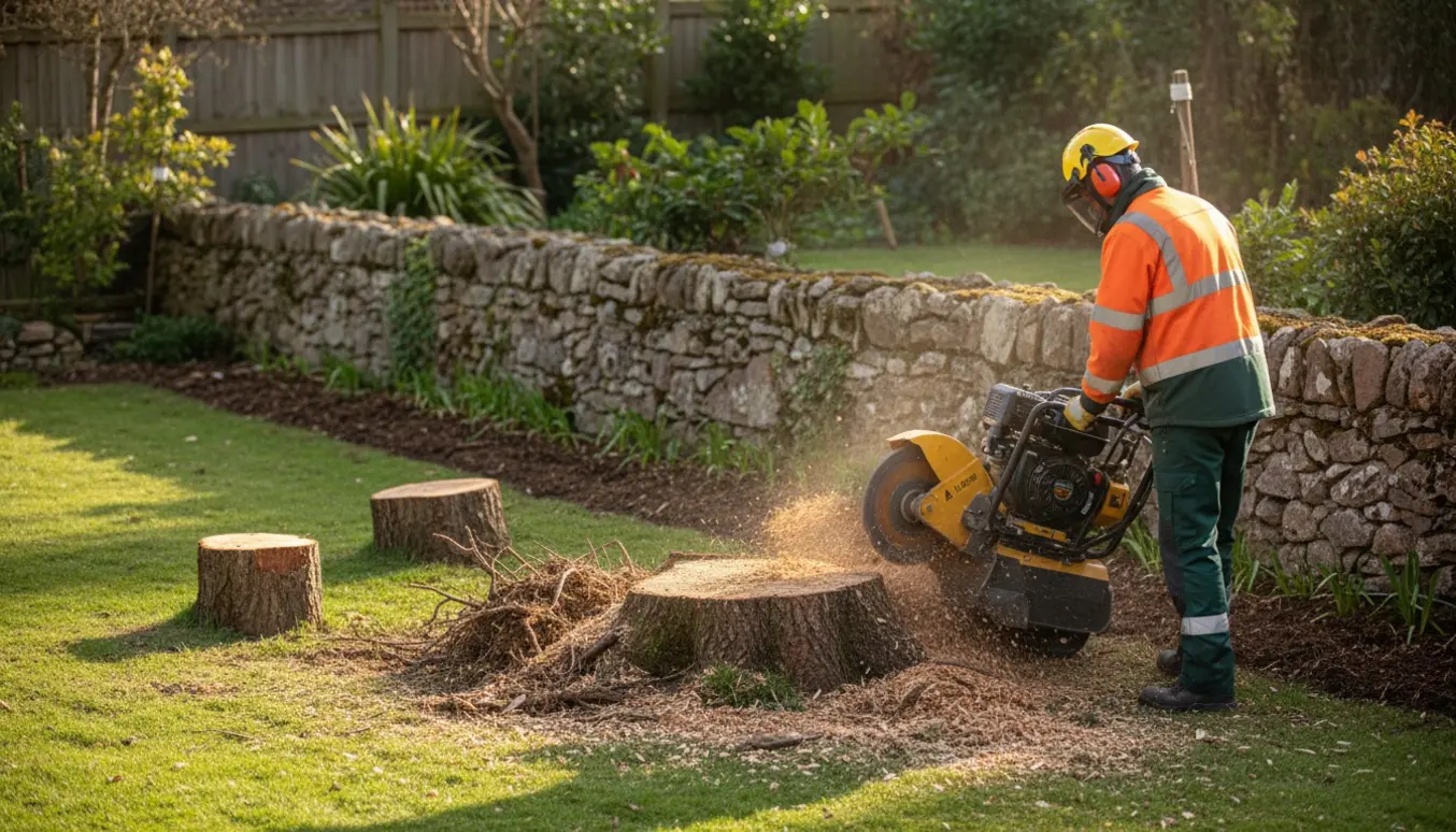 Stubfræser fjerner store stubbe langs en gammel porøs mur med træflis spredt på jorden.