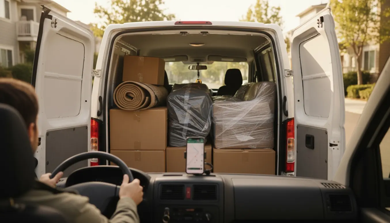 En hvid varevogn parkeret i eftermiddagssol med åbne bagdøre og stablede flyttekasser, mens førerens hænder på rattet ses uden ansigt.