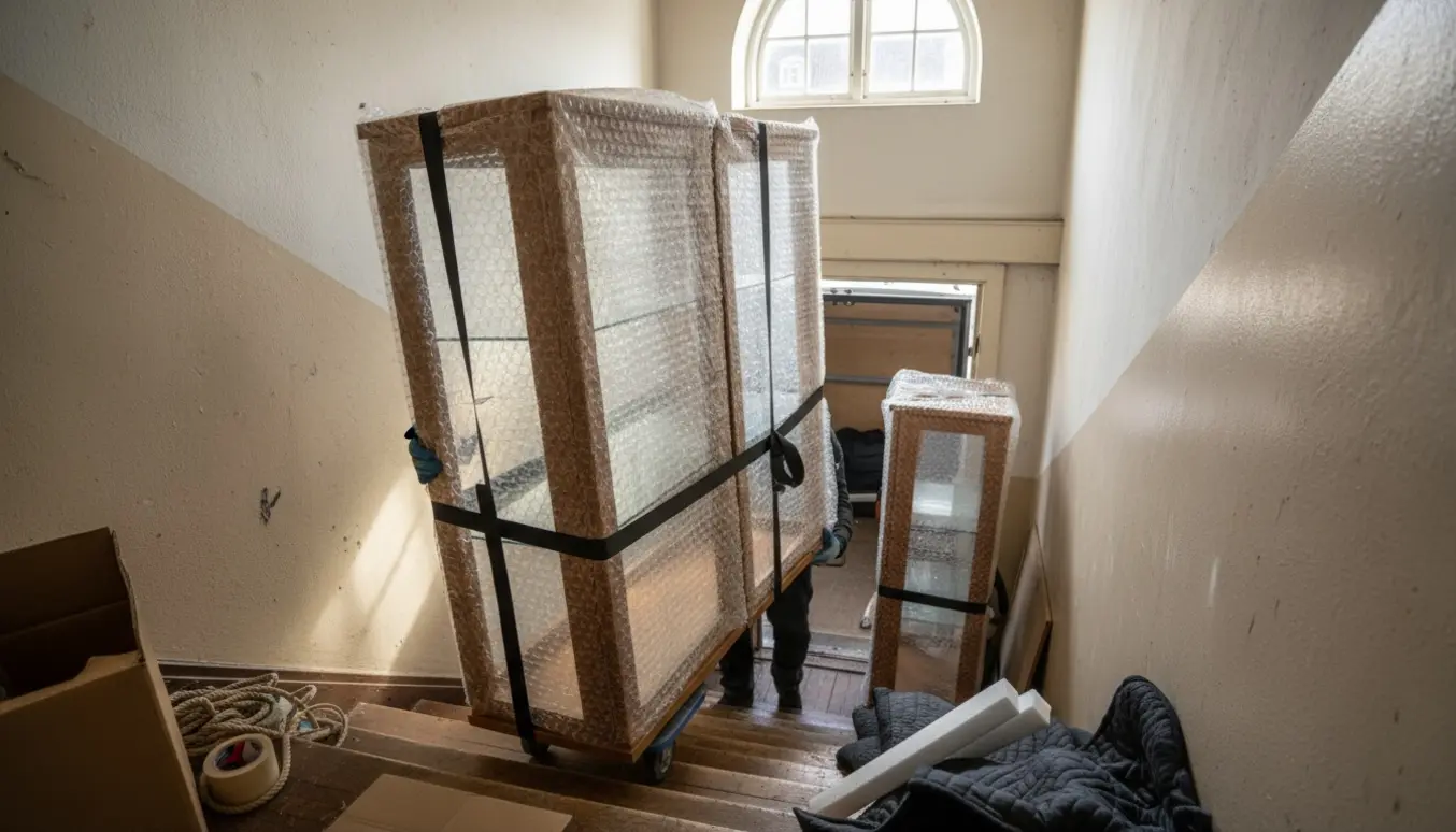 To personer bærer et opdelt vitrineskab ned ad en trappe til kælderen, omgivet af flyttetæpper og beskyttelsesudstyr.