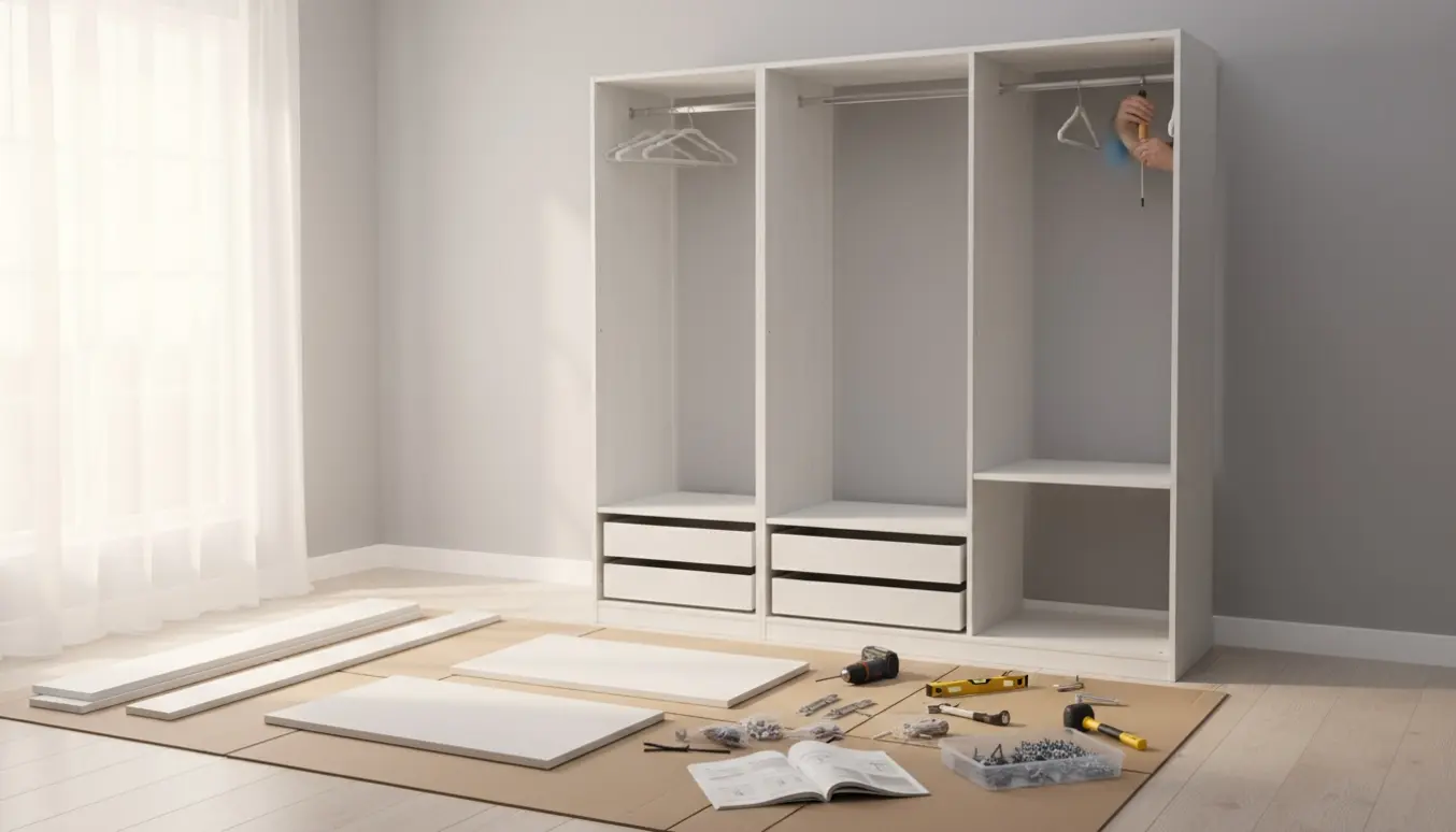 Delvist samlet PAX-garderobe i et lyst værelse med værktøj og dele spredt omkring.