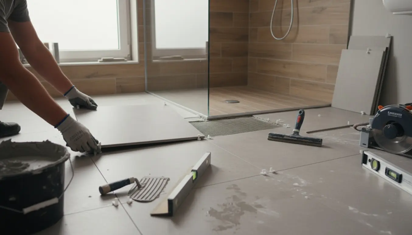Hænder lægger 60x60 gulvflise i et badeværelse med delvist færdiggjort 60x120 flise i brusekabinen.