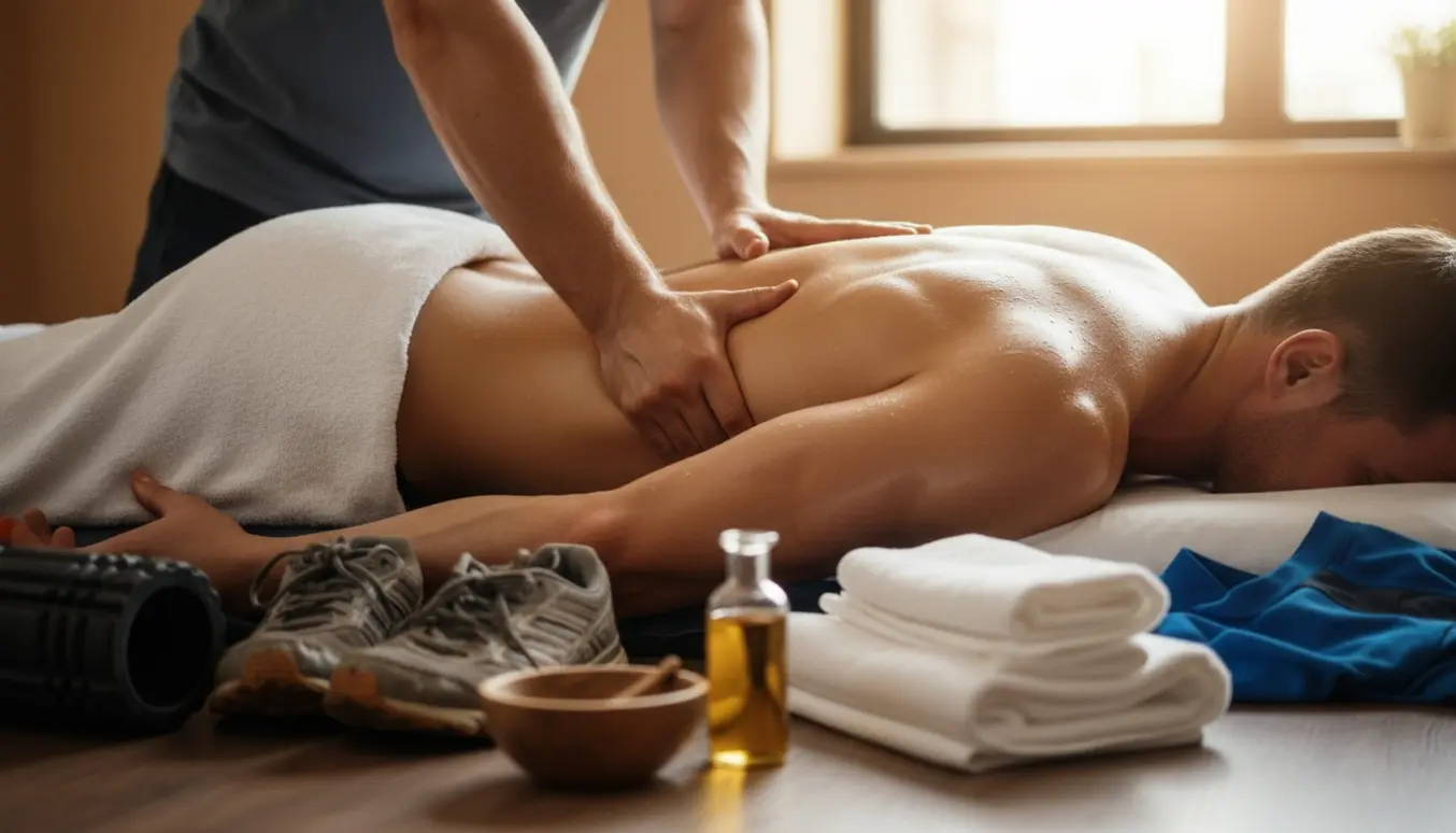 En massør giver en dyb, oliebaseret sportsmassage på ben, baller og skuldre i et soloplyst behandlingsrum.