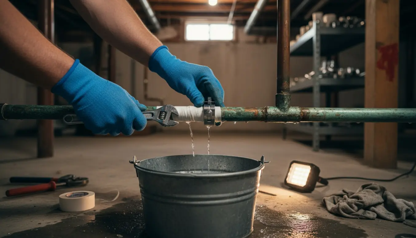 Hænder i handsker reparerer en dryppende varmerør i et kælderrum med spand og værktøj.