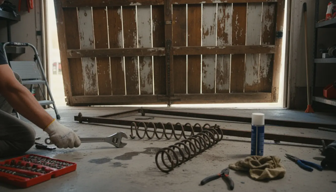 Hænder i arbejdshandsker reparerer en bøjet skinne og løs fjeder på en tung træ-garageport.