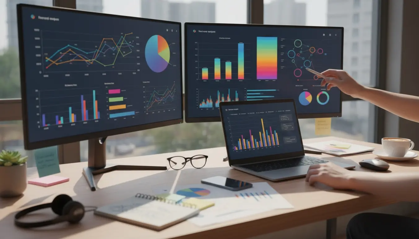 Nærbillede af et skrivebord med skærme og hænder, der justerer analyser og grafer under løbende Google Ads-optimering.