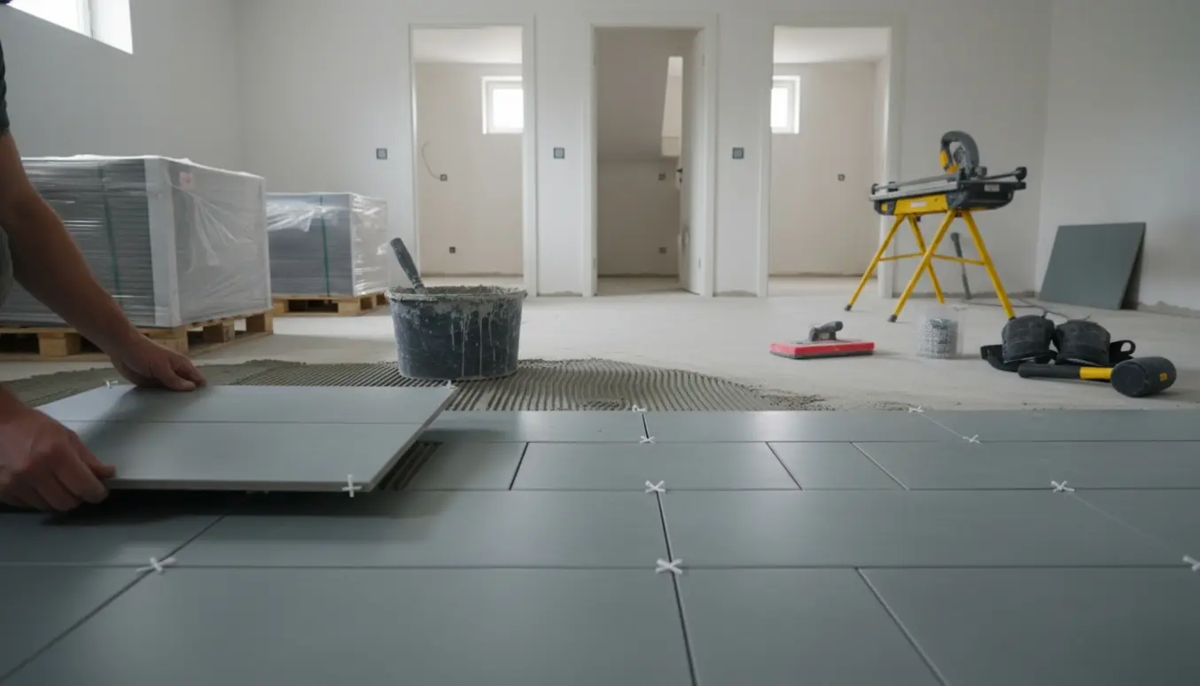 Delvist lagt flisegulv i en 70 m² kælder med værktøj, fliser og synlig trappe.