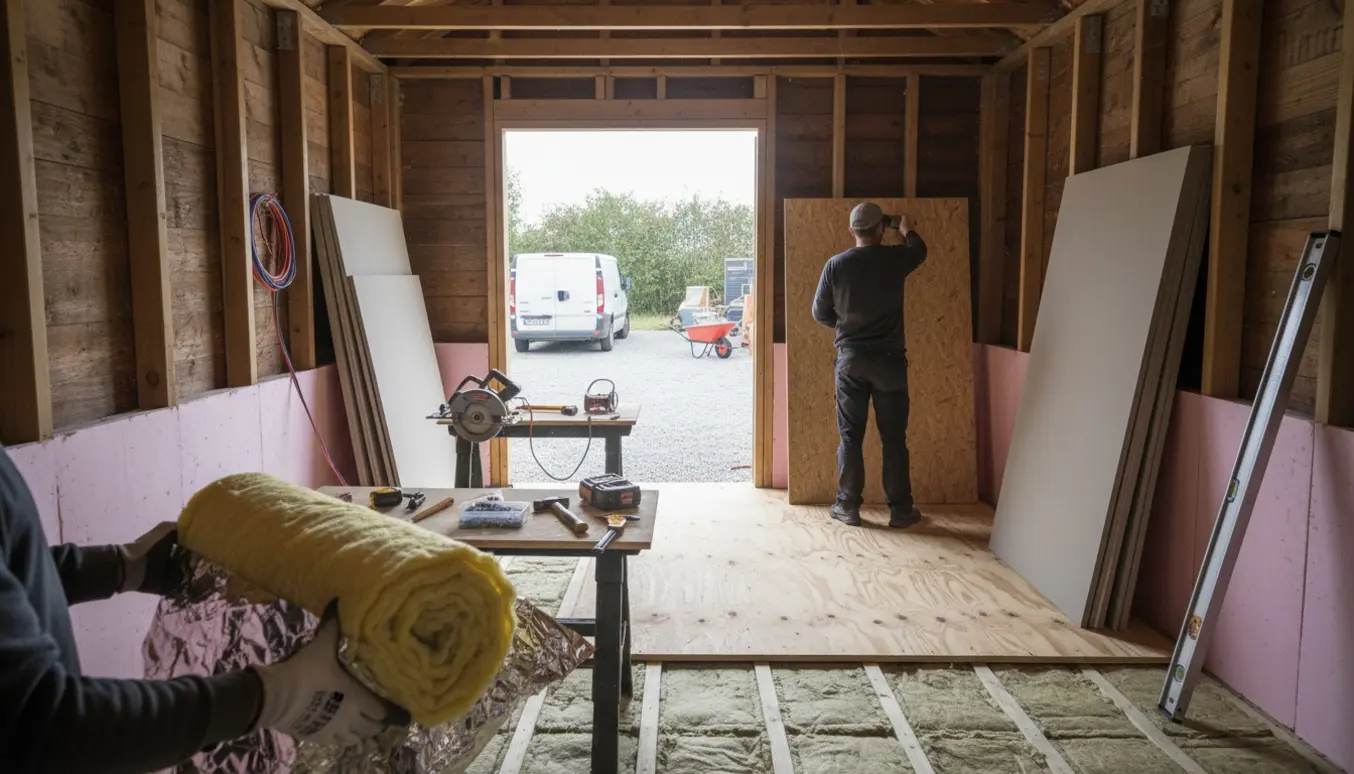 Indvendigt skur under isolering og beklædning med OSB, gipsplader, isolering og værktøj i naturligt dagslys.