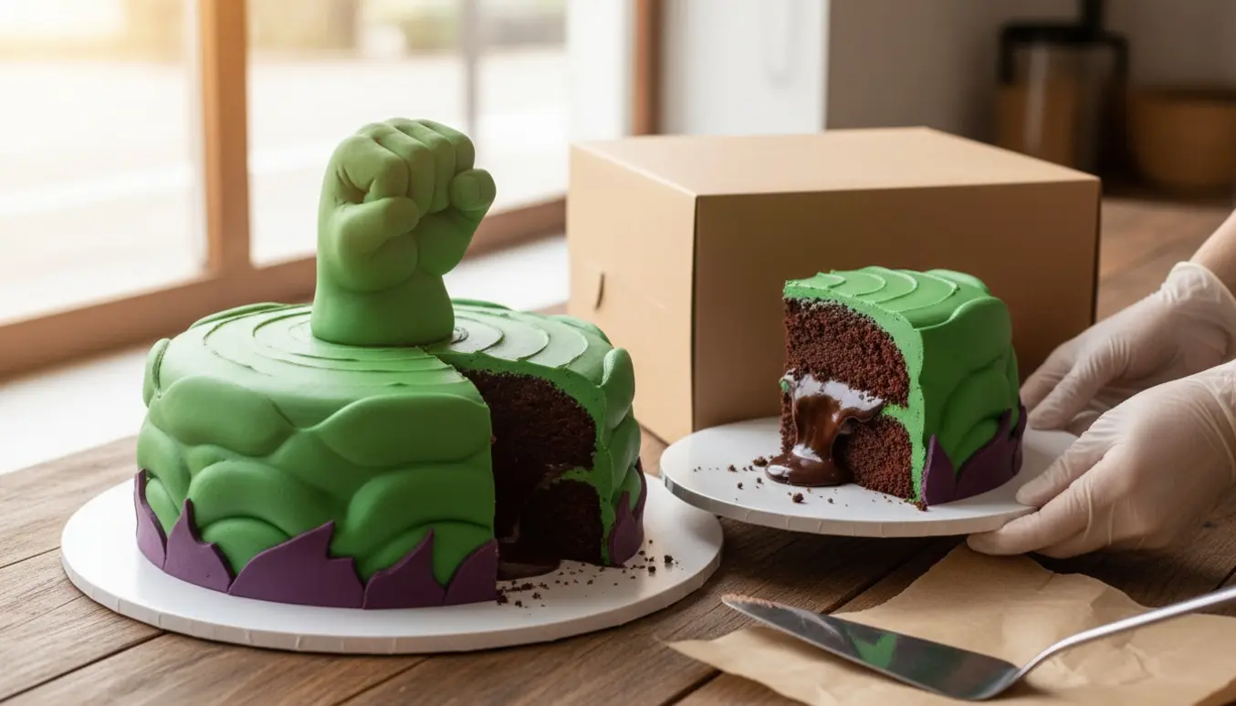 Stor Hulk-inspireret fødselsdagskage til 15 personer med grøn glasur og synligt chokoladefyld klar til levering.
