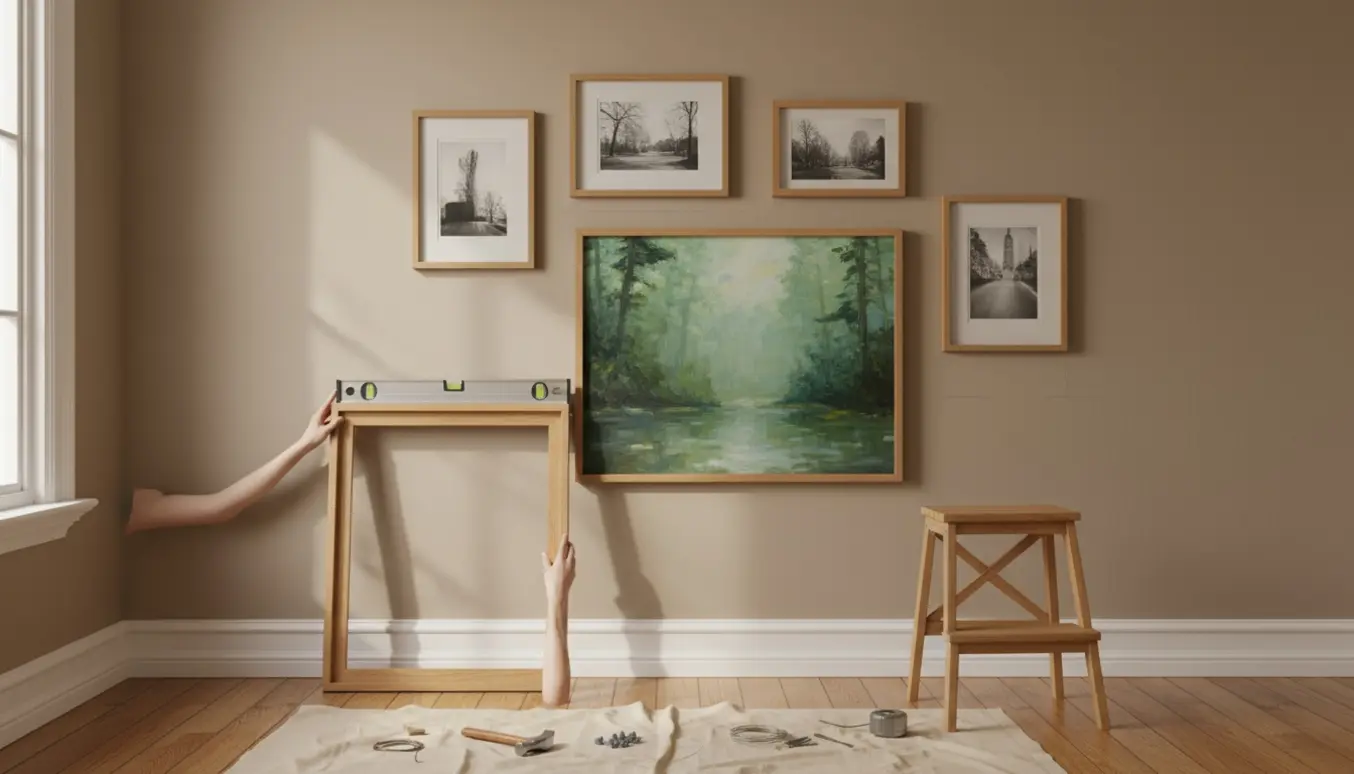 Hænder hænger en billedramme op på en neutral væg med værktøj og en stige i baggrunden.
