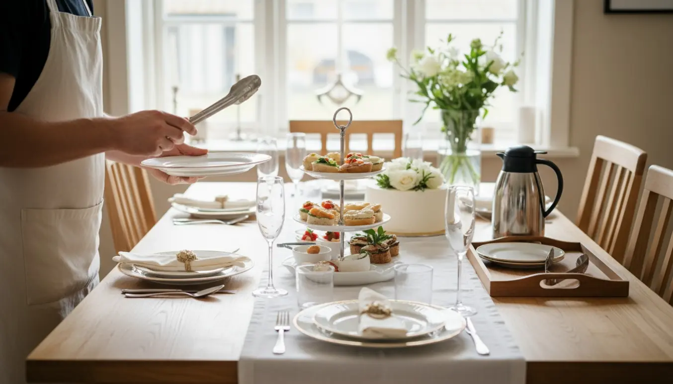 Hænder serverer småretter og champagneglas på et pyntet konfirmationsbord i et lyst hjem.