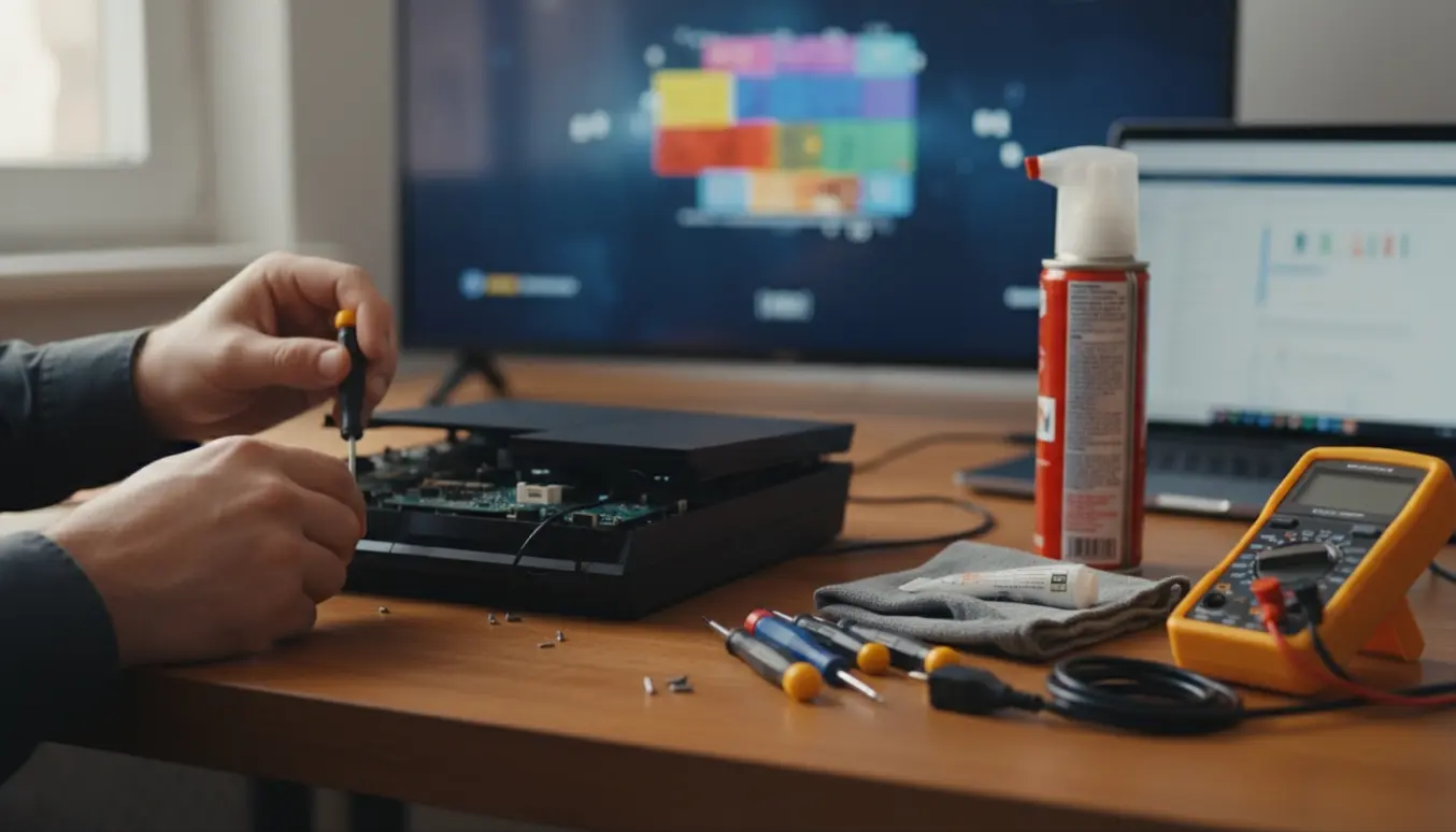 Nærbillede af hænder, der fejlsøger en åben spillekonsol på et skrivebord med værktøj omkring.