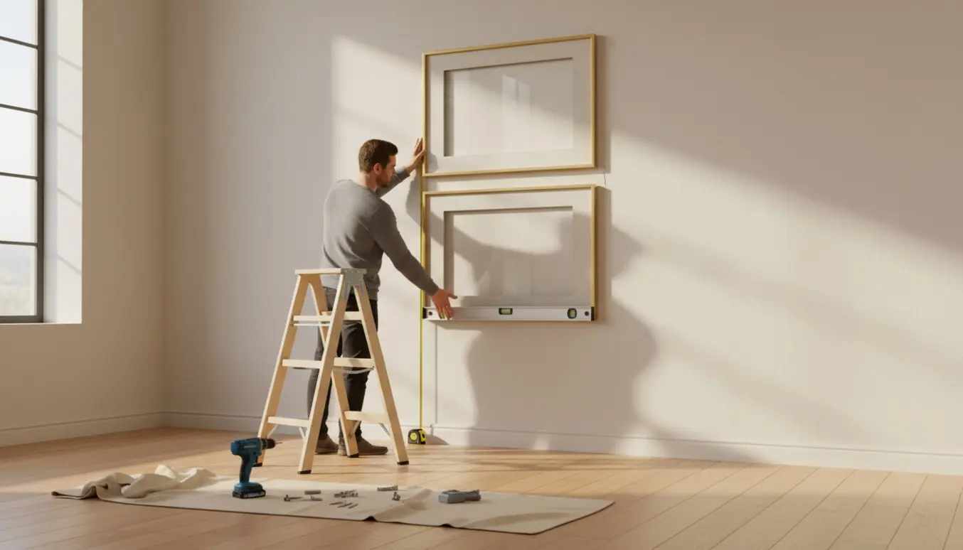 To indrammede billeder hænges vertikalt på en høj væg med stige, vaterpas og målebånd.