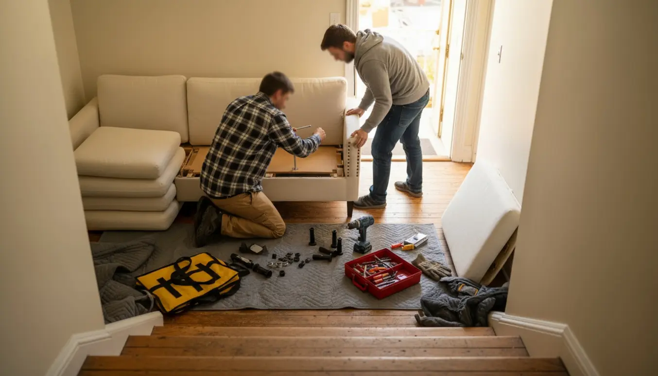 To personer skiller en sofa ad på en trappeopgang, så den kan bæres ned til storskrald.