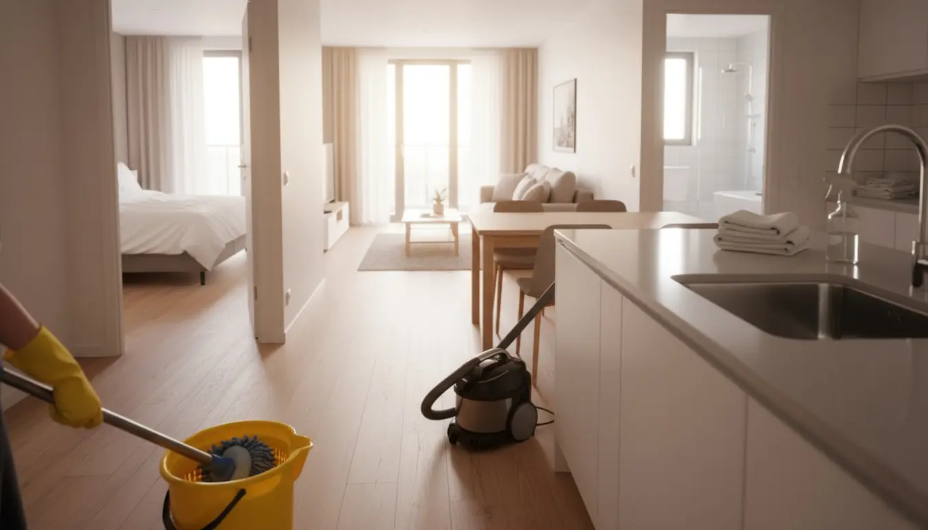 Lyst, nyrengjort hjem med moppe, støvsuger, blanke overflader og redt soveværelse.